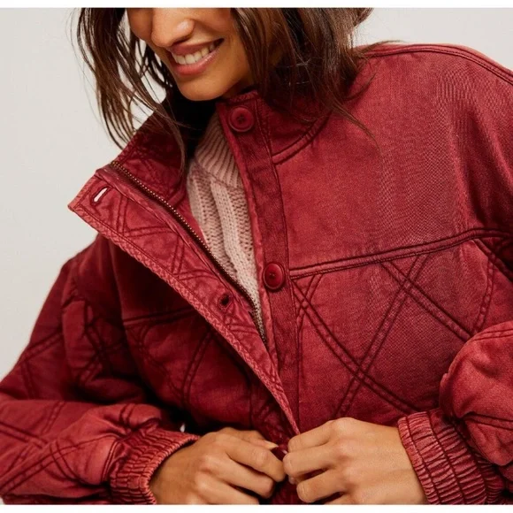 NWT Free People Juno Jacket - Port π₯ Quilted Brick Puffer Coat Movement - Picture 3 of 6